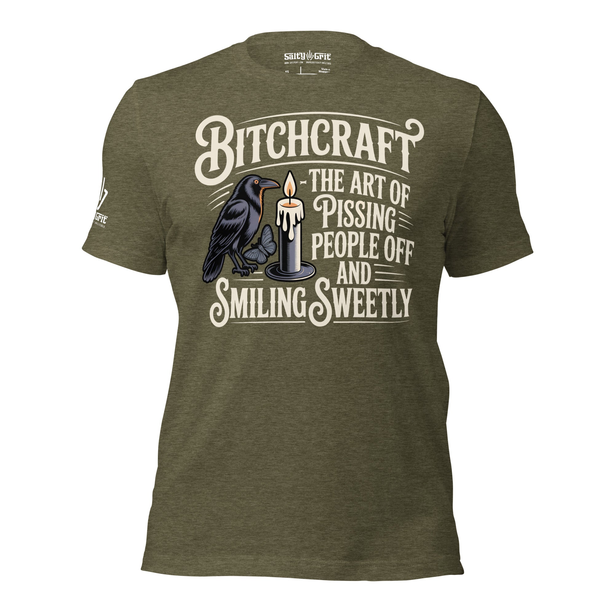 Witchy sarcastic humor shirt with crow illustration and Bitchcraft phrase