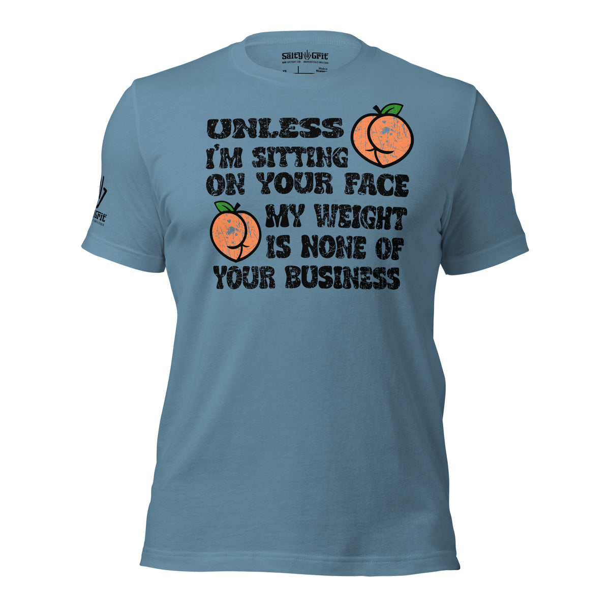 Sarcastic women's humor t-shirt with bold distressed lettering and peach graphics