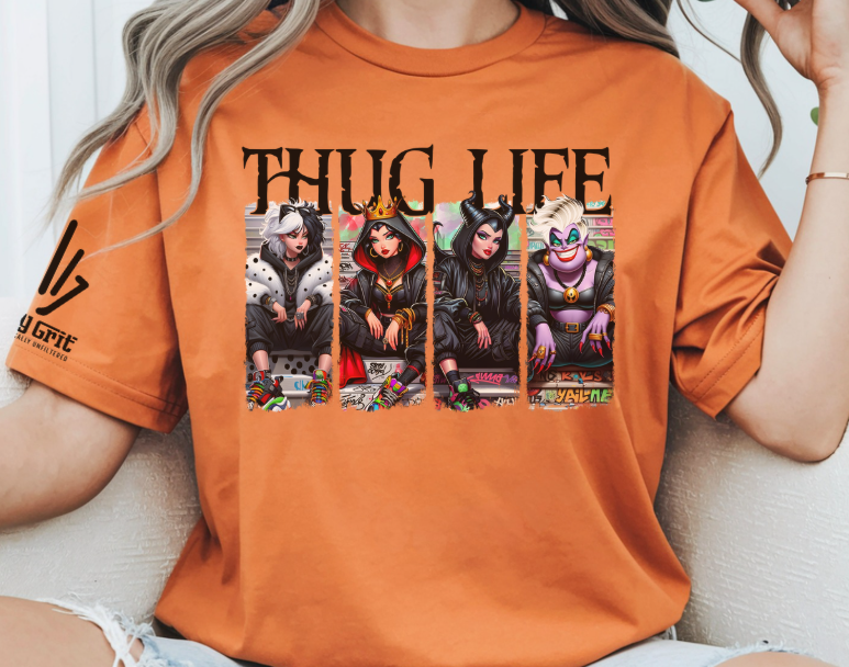 Sarcastic women's shirt with storybook villains and Thug Life graphic