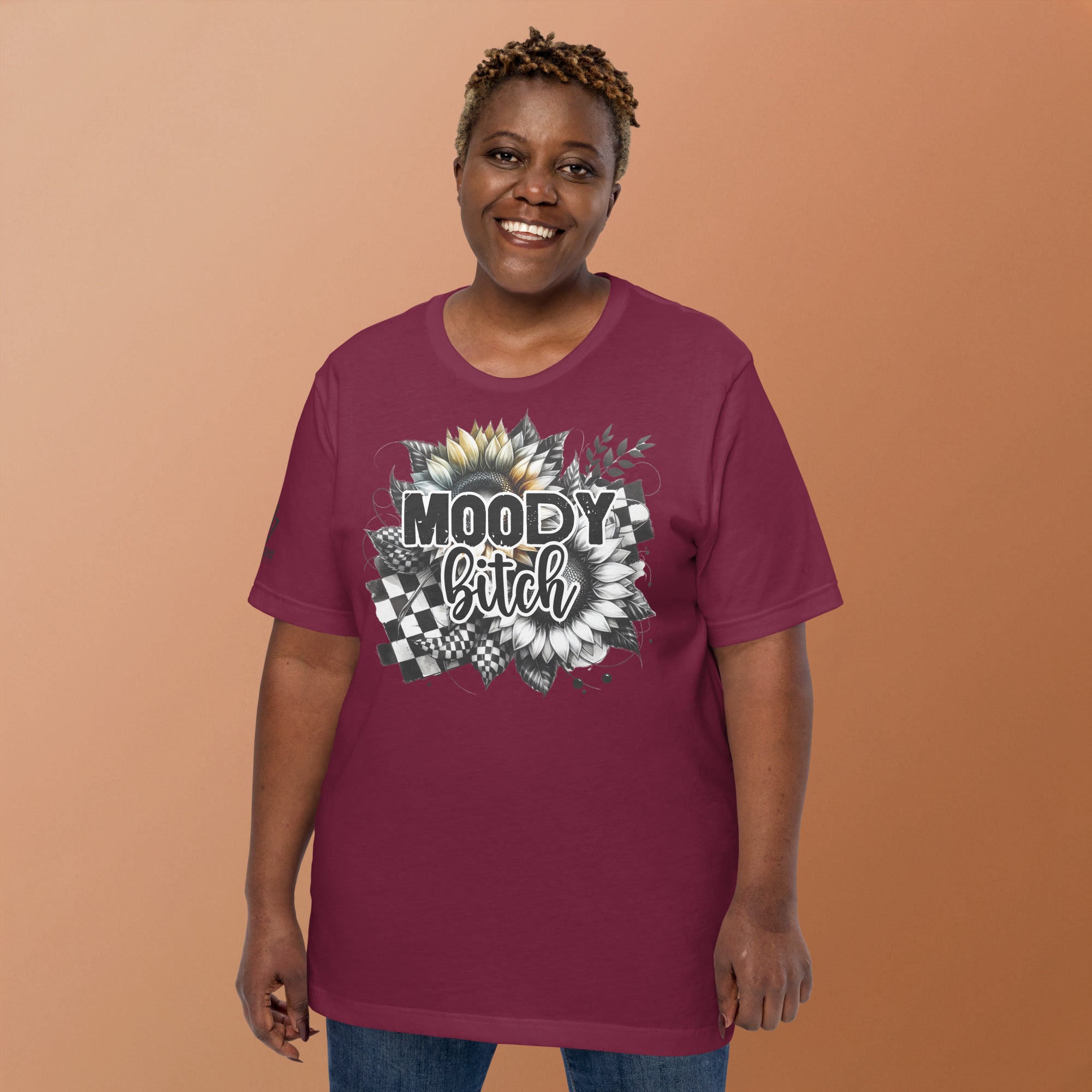 Sassy women’s funny t-shirt with “Moody Bitch” flower graphic