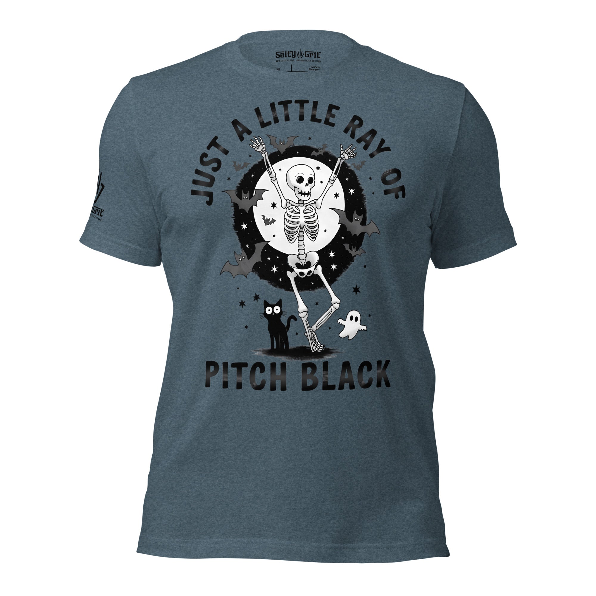 Sarcastic graphic tee with skeleton and black cat illustration