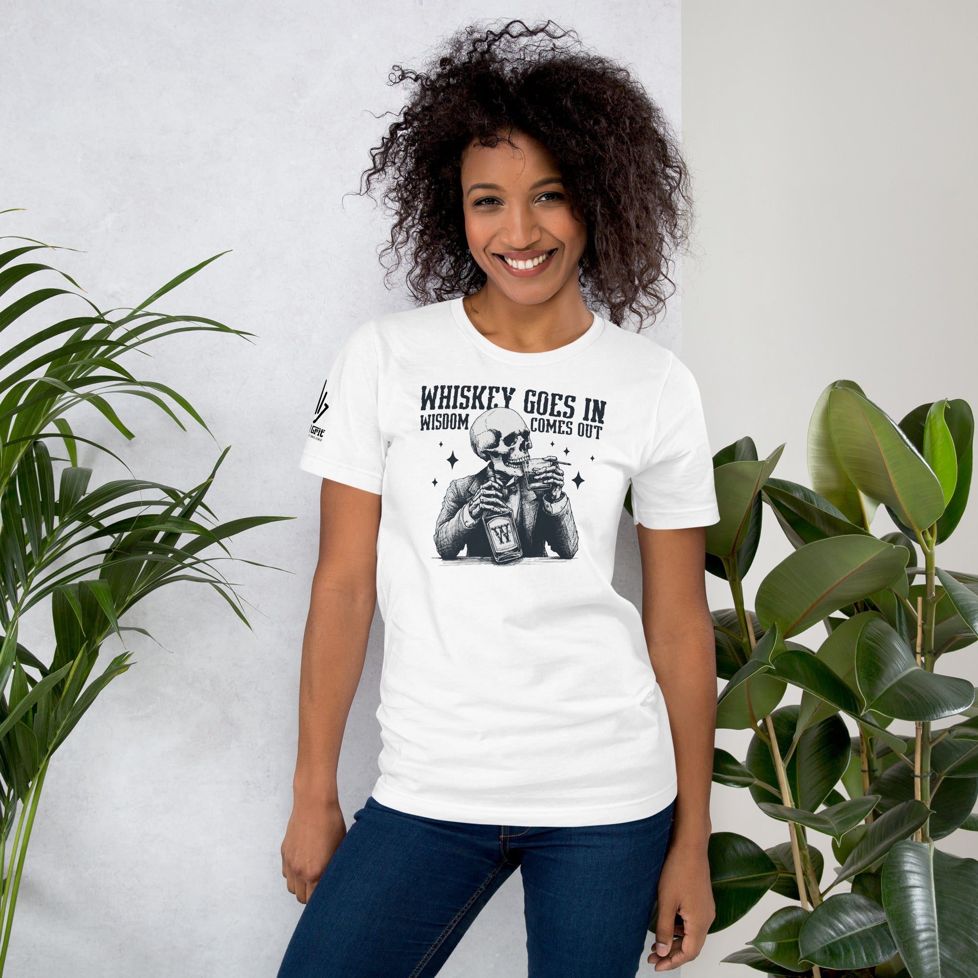 Skeleton drinking whiskey on sarcastic funny shirt design