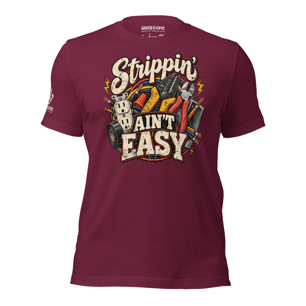 Close-up of the “Strippin' Ain't Easy” lettering and wire stripper illustration.