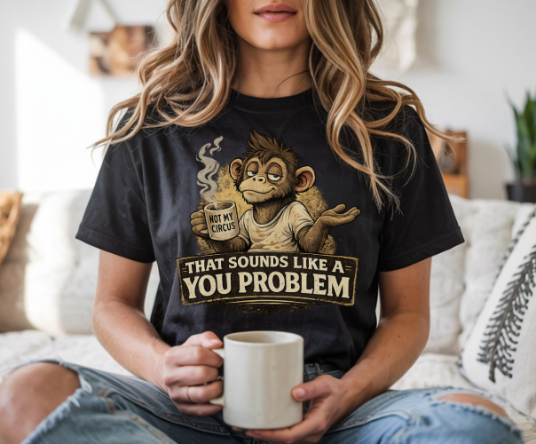 Funny shirt with That Sounds Like a You Problem quote and coffee drinking monkey