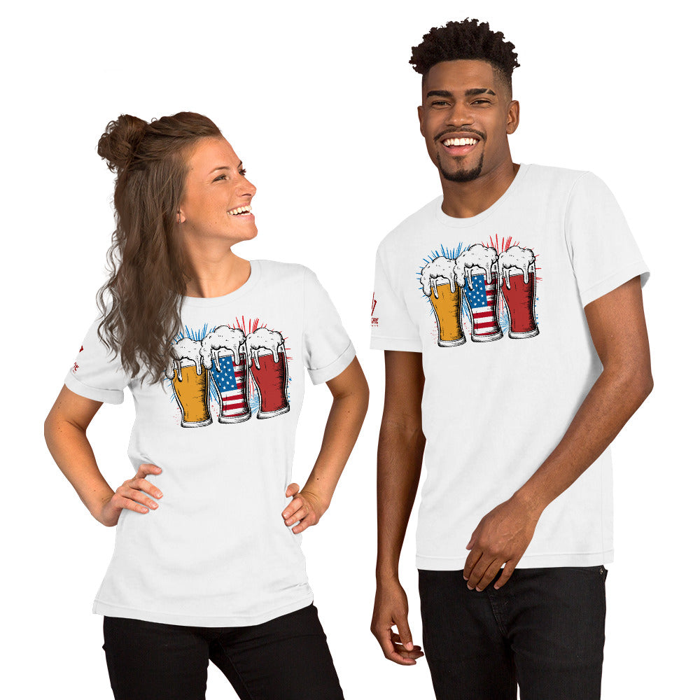 Funny graphic tee with three beers in patriotic colors