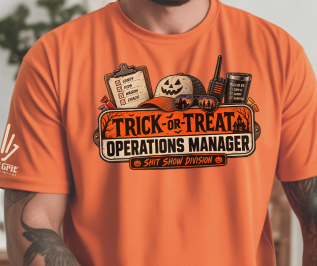 Trick or Treat Operations Manager funny Halloween shirt with checklist, walkie-talkie, and tumbler