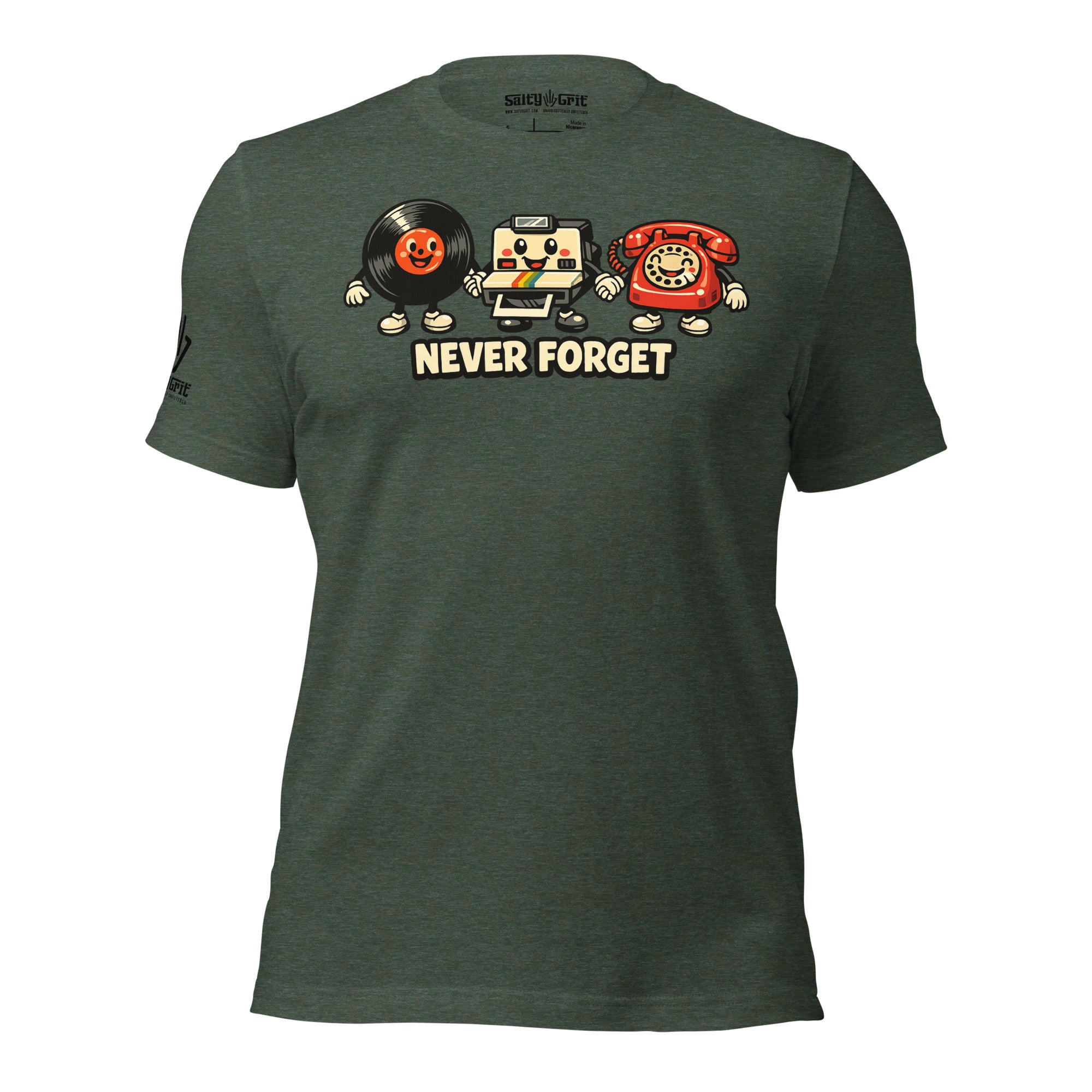 Funny shirt featuring a vinyl record, Polaroid camera, and rotary phone