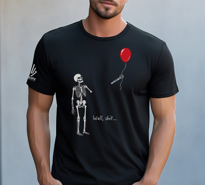 Dark humor graphic tee featuring a skeleton with a balloon floating away