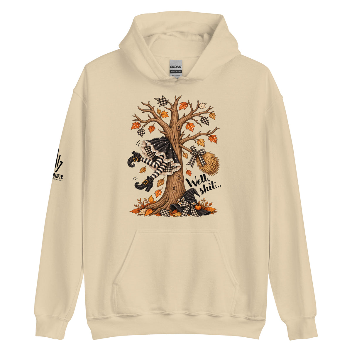 Well Shit sarcastic sweatshirt with witch and broom graphic