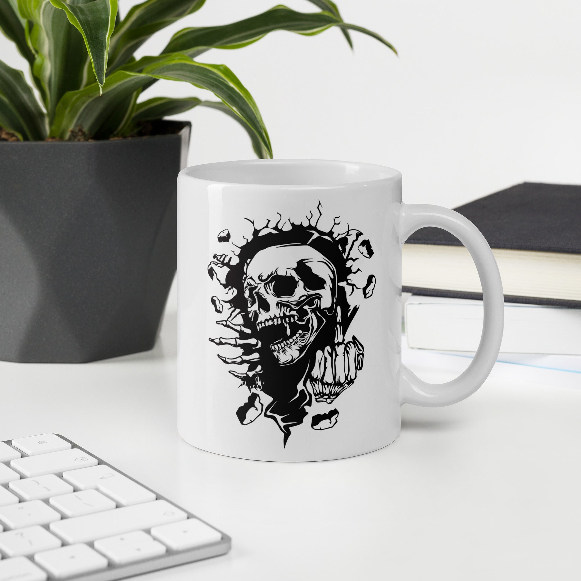 Skeleton Break Through Middle Finger White glossy mug