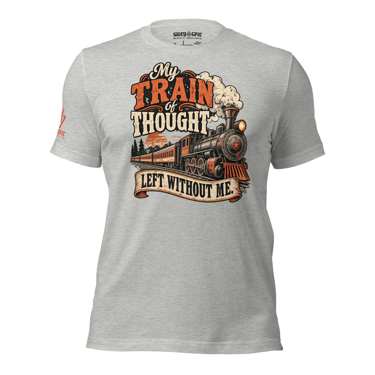 Train-themed graphic shirt with a witty saying about a wandering train of thought.