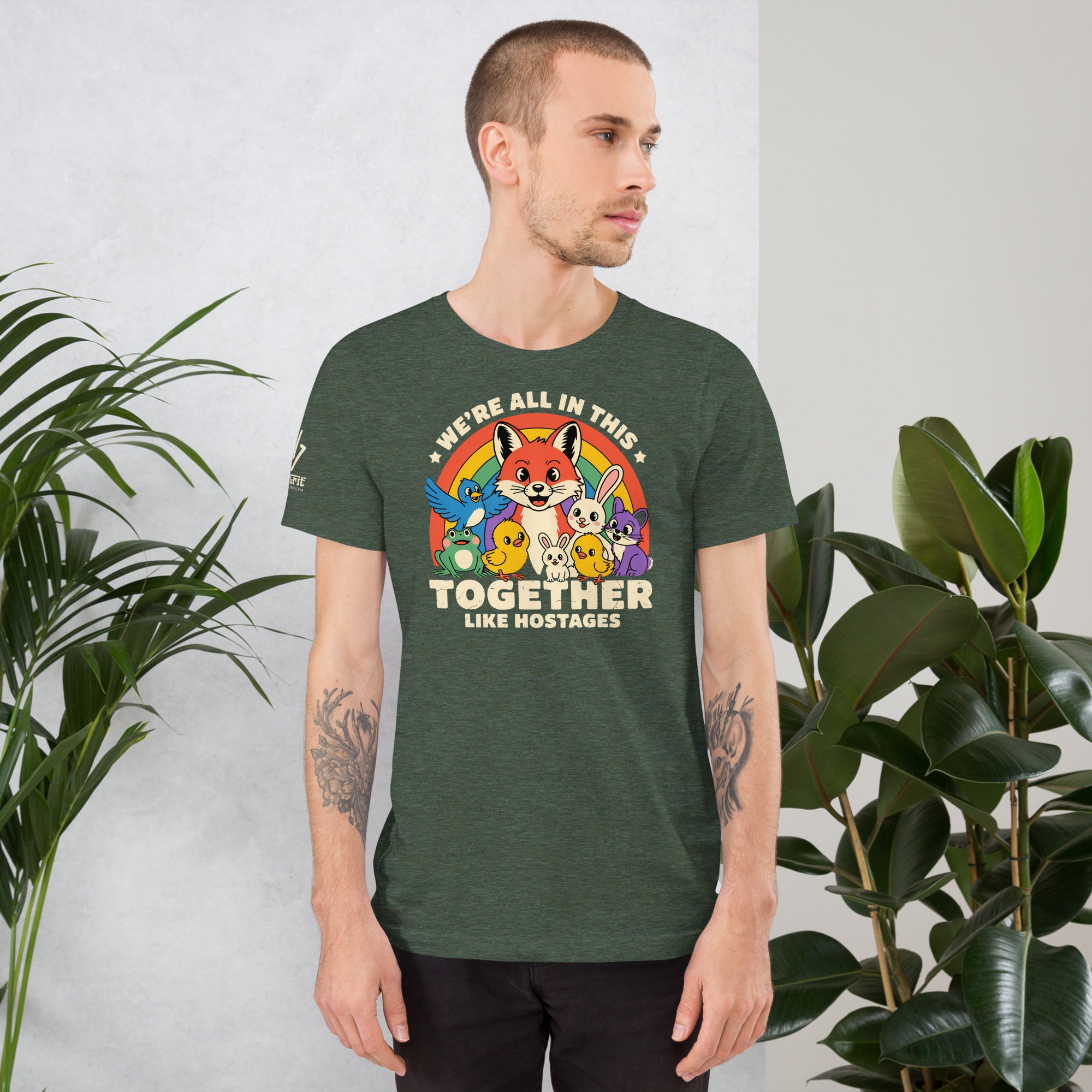 Workplace chaos graphic tee with animals and humorous office saying
